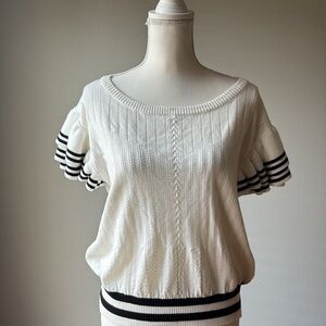 BiBi | Sporty White Ruffle Sleeve Striped Knit Top